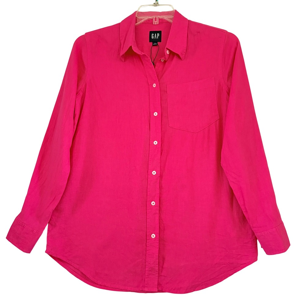 Gap Womens Hot Pink Linen Blend Button Down Shirt Long Sleeve Pocket Small NWOT